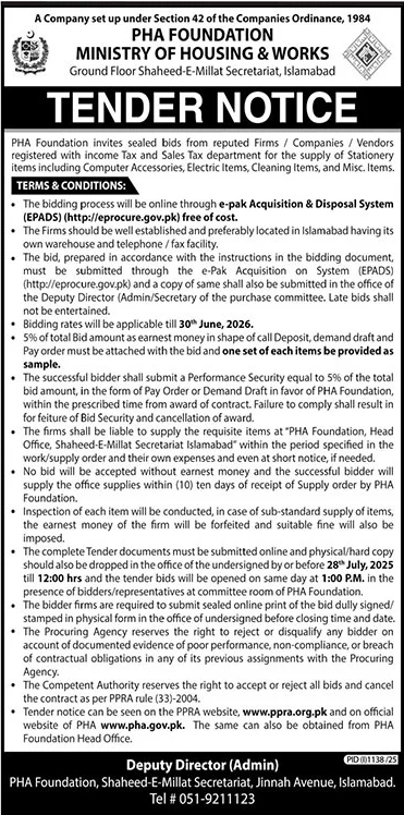 PHA Foundation Islamabad Tender Notice